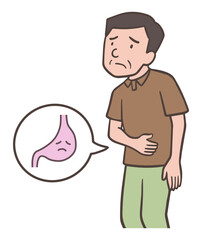 胃の調子が悪いおじさん、お腹に手を当てる中年男性