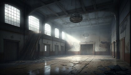 Empty abandoned school sport gym background. Generative AI technology. - obrazy, fototapety, plakaty