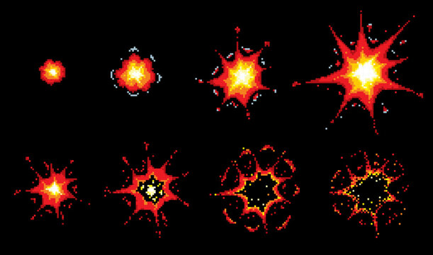 Pixel art explosion and burst animation. 8 bit boom, blast, bomb, flash effect animated sprite sheet. Vector ui of retro video game, frame sequence of pixel art bomb explosion with fire and smoke