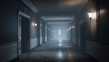 Misty abandoned empty hallway of classic hotel corridor background. Generative AI technology.	
