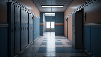 Modern school hallway corridor background. Generative AI technology.