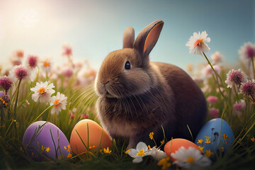 rabbit, with easter eggs, on a flower field.generative ai