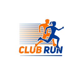 Marathon run sport icon with vector silhouettes of runner or athlete. Man and woman running marathon or sprint tournament. Jogging people blue orange symbol of run sport club and foot race competition