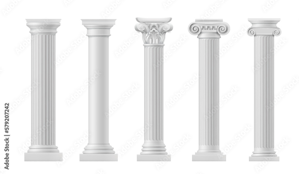 Wall mural Marble antique columns and pillars of roman and greek architecture elements. Vector realistic classic columns of ancient building or temple. White stone pillars with ornate capitals, vertical flutings