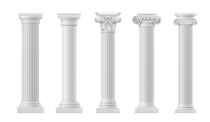 Marble antique columns and pillars of roman and greek architecture elements. Vector realistic classic columns of ancient building or temple. White stone pillars with ornate capitals, vertical flutings - obrazy, fototapety, plakaty