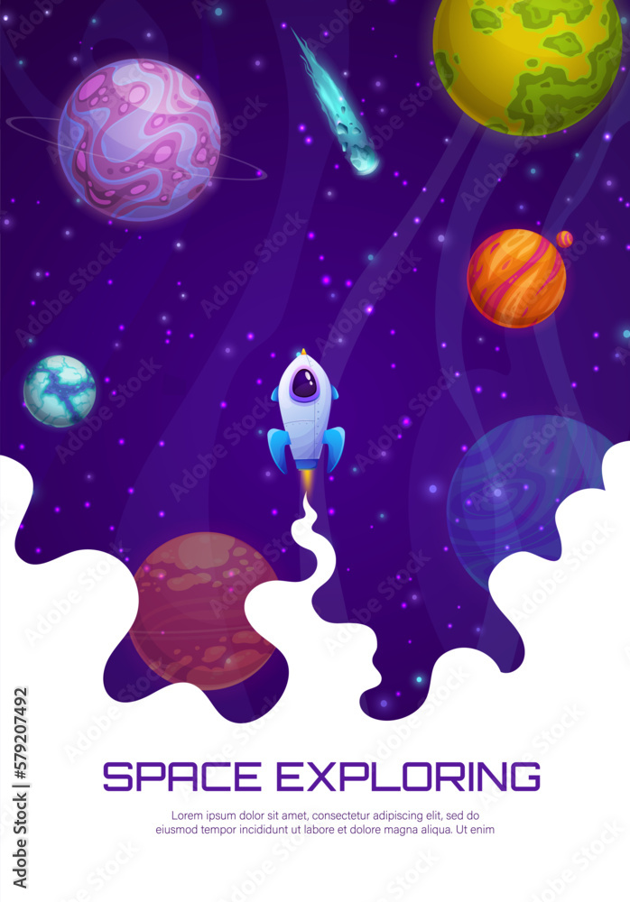 Aufkleber Landing page space. Rocket launch, space planets and asteroids cartoon background of business startup website vector template. Company, project or product launch landing page with rocketship in galaxy