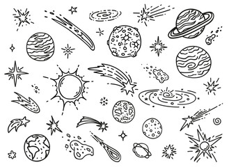 Doodle space planets, stars, comets and asteroids. Vector hand drawn Moon, Earth and Sun, Saturn and meteor sketches. Isolated cosmos objects of galaxy universe and solar system, astronomy science