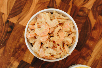 Dried Shrimp on Wooden Board