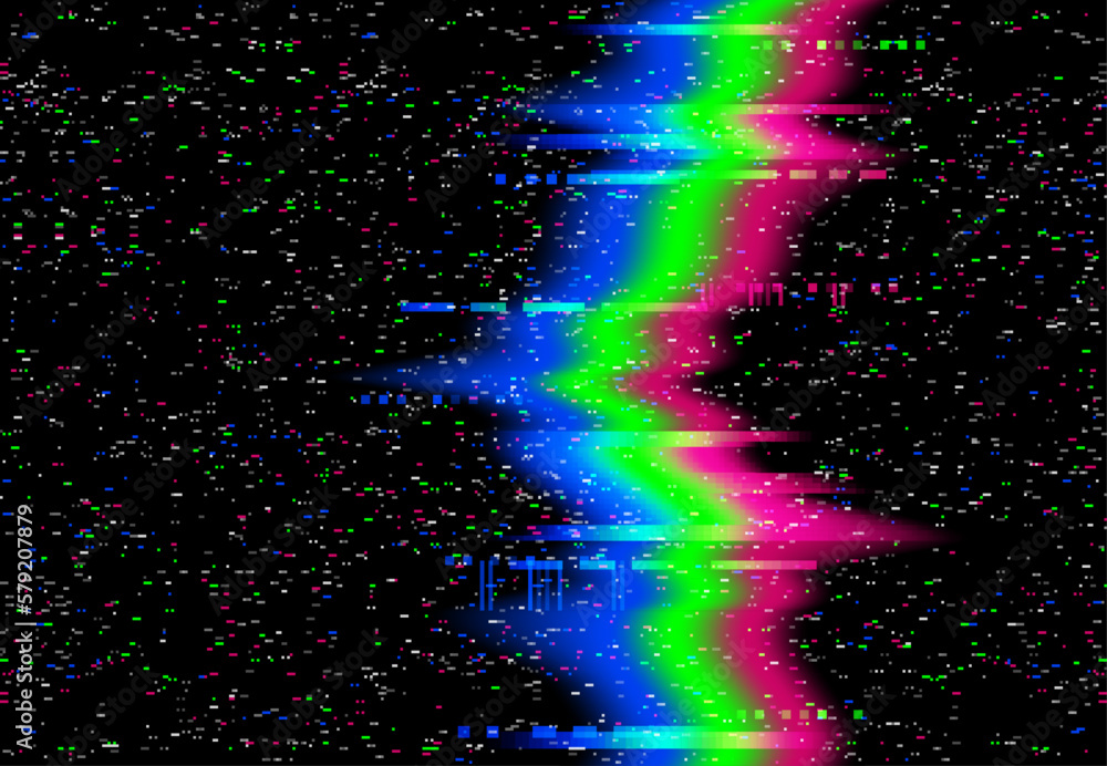 Poster Glitch noise on TV screen, pixel digital or VHS effect. Display data fail, VHS cassette analog video decay or computer monitor RGB pixel glitch vector backdrop. Screen signal malfunction background