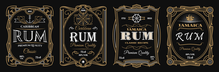 Vintage rum labels. Alcohol frames of liquor drink bottle with vector thin line pirate sail ship, anchor, helm and antique compass, golden flourishes and scrolls. Luxury labels for rum liquor - obrazy, fototapety, plakaty