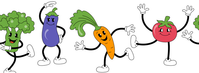 Seamless border with vegetables are doing exercise or dancing. Retro cartoon characters design. Vector illustration.