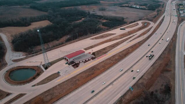 Bus parked at the Truck Weigh Station next to Interstate. Department of Trasportation place where they pull truck drivers for safety inspection. Scale for vehicles. Wisconsin, USA 4k