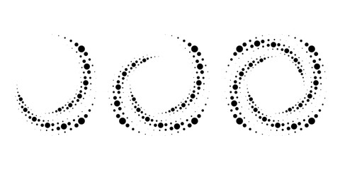 Set of black halftone dots in circle form. Vector. Segmented circle. Geometric art. Circular shape. Trendy design element for vector dotted frame, round logo, tattoo, sign, symbol, web pages, print