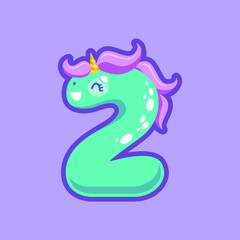 2nd or second numeral, funny unicorn personage, calendar, calculator element magic font, digit character. Vector 2 two number unicorn font alphabet type