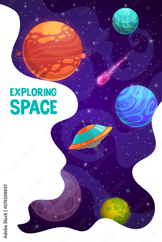 Aufkleber space exploring poster, alien ufo, stars and space planets. vector background with extraterrestrial 