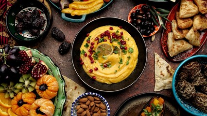 Hummus is a Middle Eastern savory dish made from cooked, mashed chickpeas blended with tahini, lemon juice, pomegranate berries and garlic. Authentic culinary composition in traditional dishes