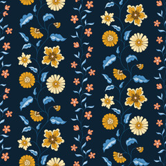 Indian Trailing Flowers Vector Seamless Pattern. Cottagecore Chintz Floral on Dark Background. Delicate Summer Boho Print