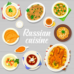 Russian cuisine restaurant meals menu cover page. Cabbage rolls Golubtsi, dumplings Pelmeni, jellied beef tongue and fish, cold beet soup and baked goose with potatoes, split pea soup, pie Chebureki