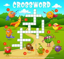 Crossword grid cartoon funny fruits superhero characters. Quiz game with cheerful vector orange, banana, lemon, apple, pear, mandarin, plum, watermelon, mango and kiwi super hero personages on path