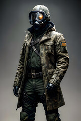 Man,post-apocalyptic, art station, Scavenger, Military Coat, gasmask . Ai generative