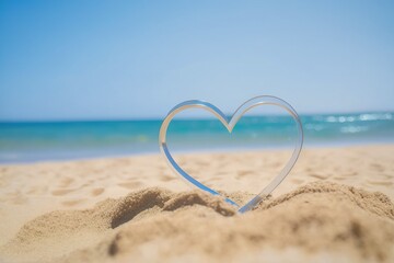 Fototapeta na wymiar Plastic heart shape on the beach, image for Valentine love or summer vacation concept