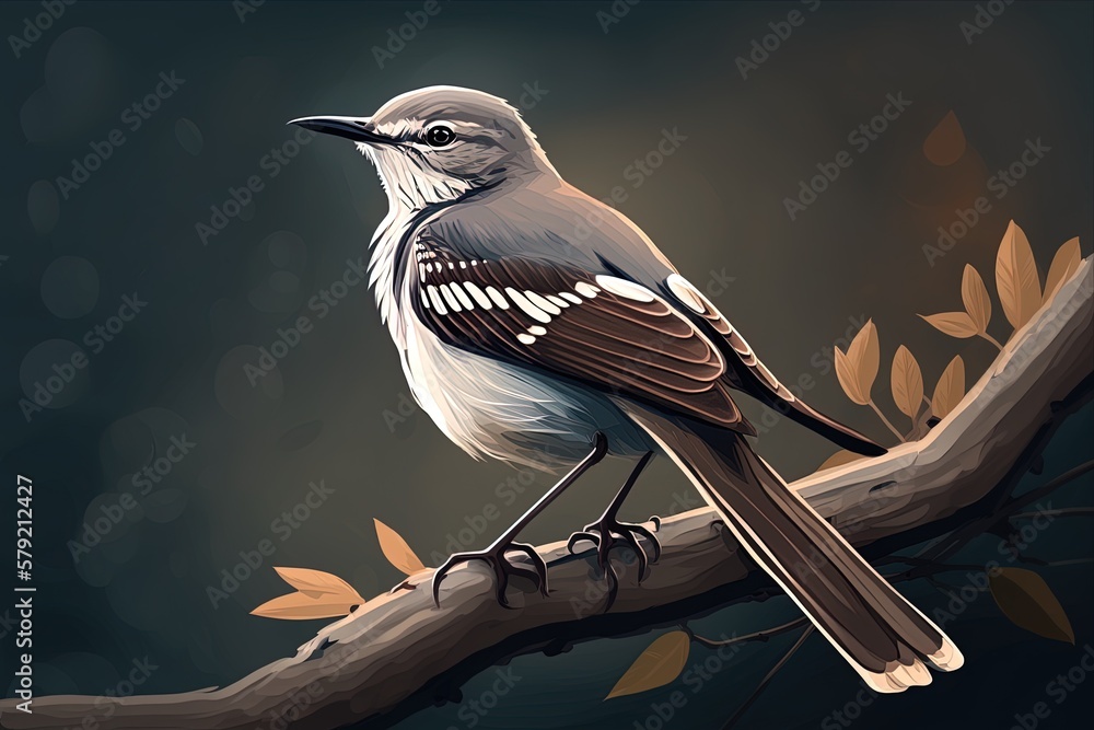 Poster a mockingbird on a branch, captured with a shallow depth of field and a telephoto lens. generative a