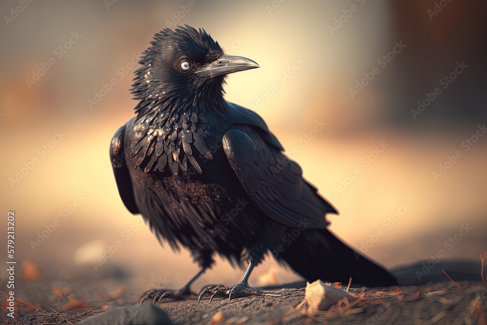 Poster image of a perched rook with the background blurred generative ai