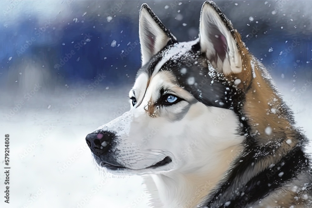 Poster the husky's head is in sharp focus as it stands in the snow. generative ai