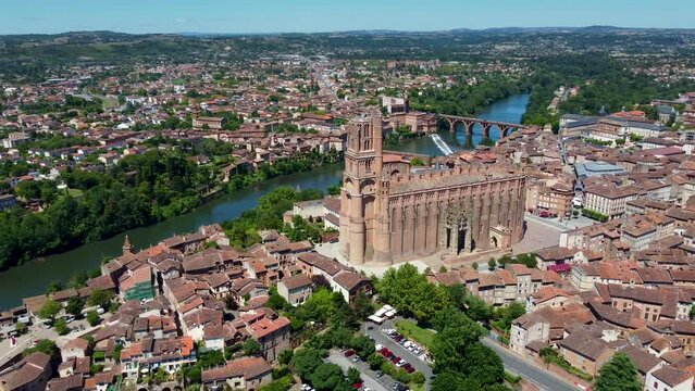 Aerial 4K footage of the city of Albi, a commune in southern France which is is the prefecture of the Tarn department, on the river Tarn, 85 km northeast of Toulouse