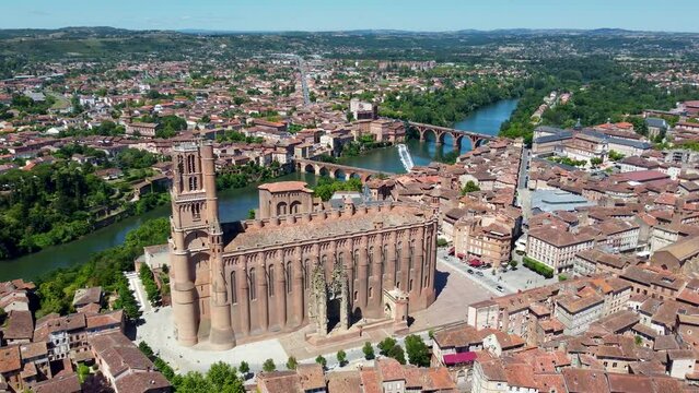 Aerial 4K footage of the city of Albi, a commune in southern France which is is the prefecture of the Tarn department, on the river Tarn, 85 km northeast of Toulouse