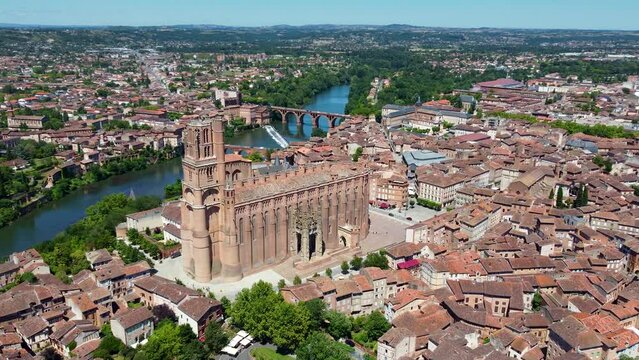 Aerial 4K footage of the city of Albi, a commune in southern France which is is the prefecture of the Tarn department, on the river Tarn, 85 km northeast of Toulouse