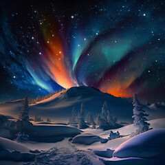 Fototapeta premium Aurora landscape with snow