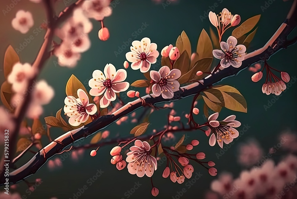 Poster image of cherry blossoms on a branch, taken with a shallow depth of field Generative AI