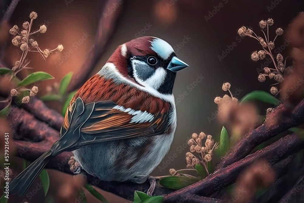 Poster image of a european tree sparrow in focus just on its beak generative ai