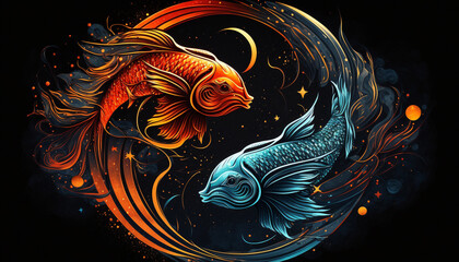 Zodiac Signs - A Fiery Pisces Illustration with Sharp Lines in a Starry Sky, Symbolizing Courage and Passion in a Modern Style - Generative AI