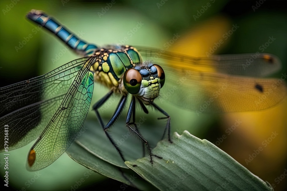 Poster Image of a dragonfly in selective focus, resting on a leaf. Generative AI