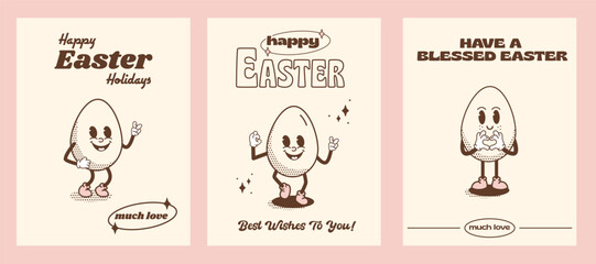 Set of Happy Easter Holidays greeting cards or prints in vintage nostalgic style. Funky retro Easter Egg cartoon character. Quirky outline mascot with halftone shadow. Vector illustration.