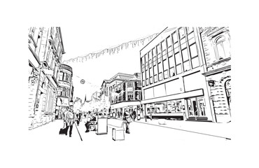 Building view with landmark of Preston is the 
city in England. Hand drawn sketch illustration in vector.