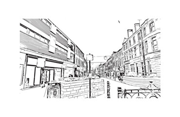 Building view with landmark of Preston is the 
city in England. Hand drawn sketch illustration in vector.