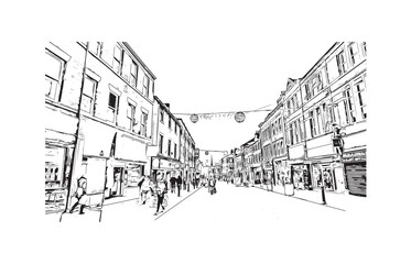 Building view with landmark of Preston is the 
city in England. Hand drawn sketch illustration in vector.