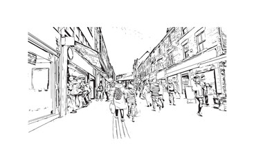 Building view with landmark of Preston is the 
city in England. Hand drawn sketch illustration in vector.