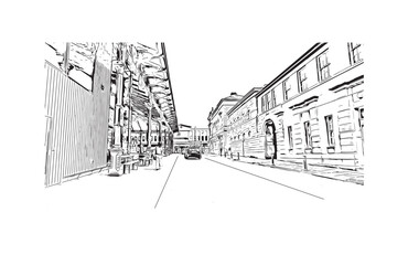 Building view with landmark of Preston is the 
city in England. Hand drawn sketch illustration in vector.