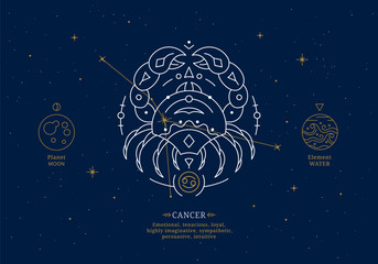 Cancer zodiac sign with description of personal features. Astrology horoscope card with zodiac constellation on dark blue sky thin line vector illustration