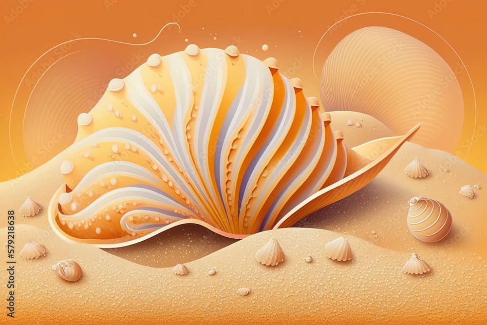 Poster conch shell on a sandy beach. conch shells on a beach with crashing surf. generative ai