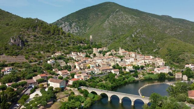 4K aerial footage of Roquebrun, a commune in the H&eacute;rault department in the Occitanie region in southern France.
