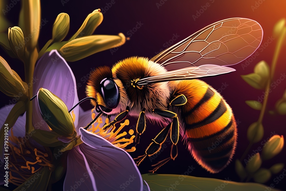 Poster macro image of a honeybee sipping nectar from a flower generative ai