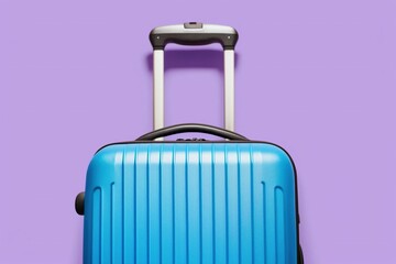 Bright lilac suitcase standing on light blue background, tourism and travel concept, 3d rendering