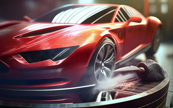 Close up of a auto body mechanic buffing a scratch on a red sports car. Generative AI © ttonaorh