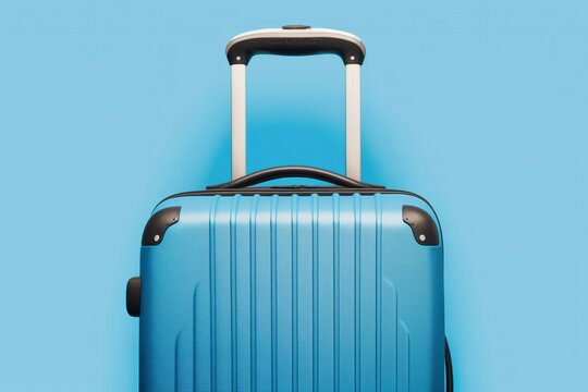 Bright light blue suitcase standing on light blue background, tourism and travel concept, 3d rendering