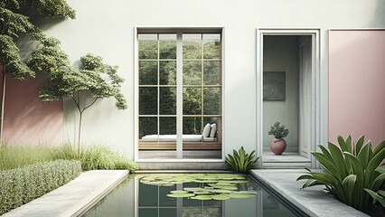A serene courtyard featuring a peaceful pond nestled among lush greenery. Photorealistic illustration, Generative AI
